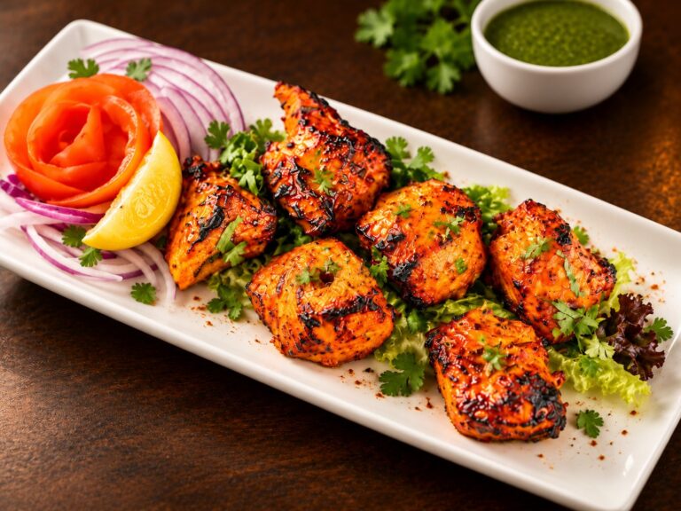 Chicken tikka with onion, tomato, lemon and mint chutney