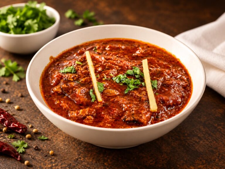 Lamb curry garnished with ginger and coriander
