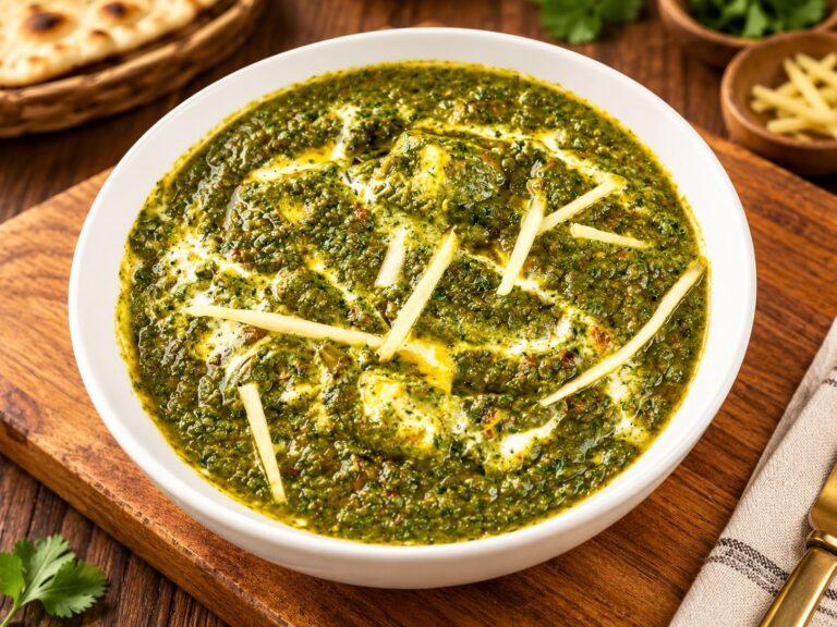 Saag paneer in a white bowl with ginger, naan on the side