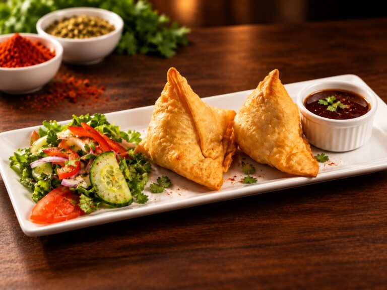 Two samosas with salad and tamarind chutney