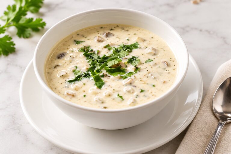 Bowl of creamy soup garnished with coriander
